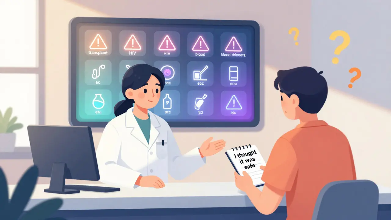 A pharmacist stops a patient from taking St. John’s Wort as warning icons flash on a screen behind them.