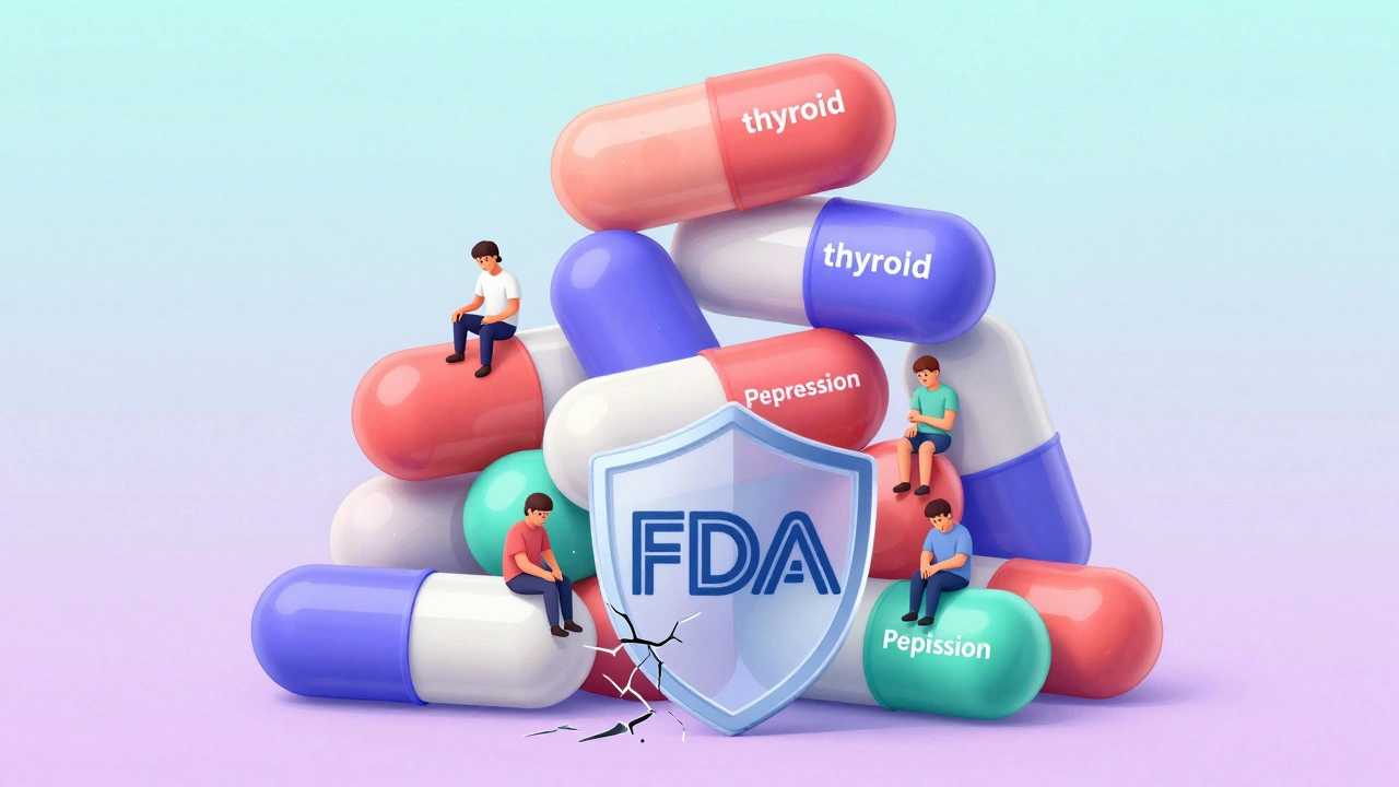 A tower of pills with tiny people suffering inside, each triggered by invisible inactive ingredients.