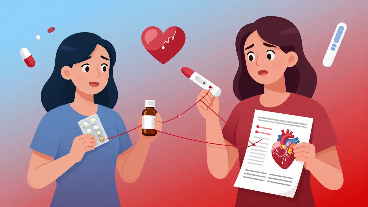 A woman beside her medications as red threads snap between St. John’s Wort and birth control, antidepressants, and a heart chart.