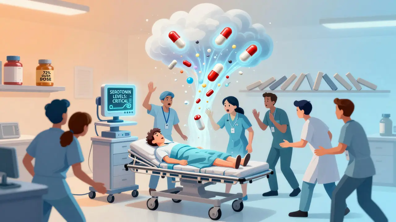 An emergency room scene with a critical serotonin monitor and falling supplement bottles, rendered in gradient cartoon style.