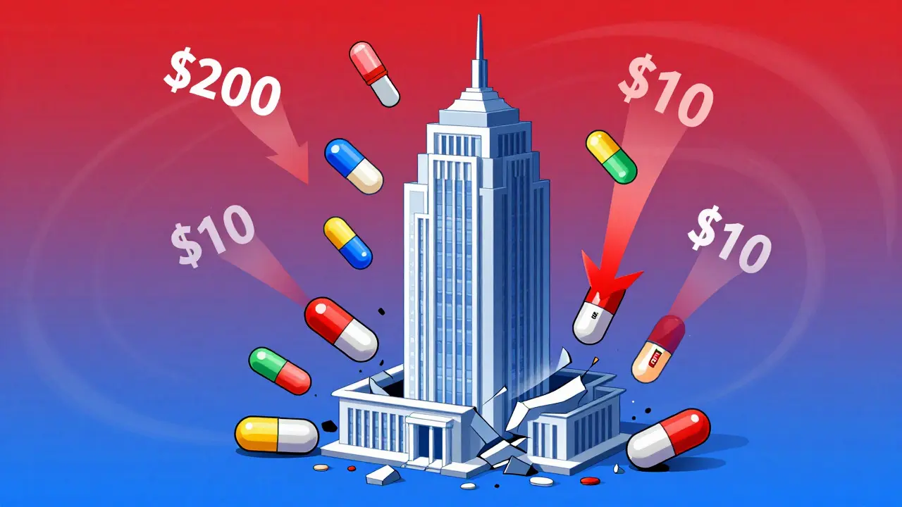 Brand drug shatters as multiple generics flood the market, prices crashing from 0 to .