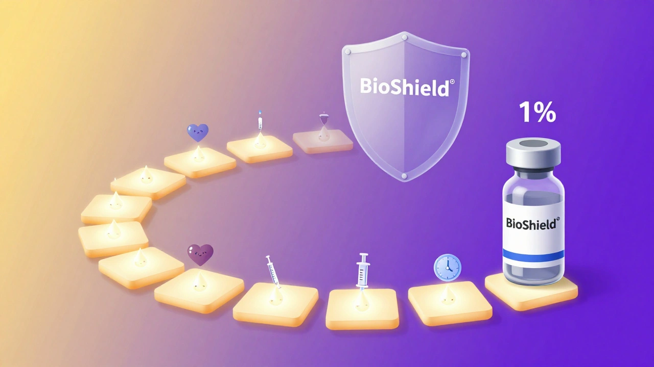 Desensitization protocol as a glowing 12-step path with BioShield® shield above, symbolizing safe treatment continuation.