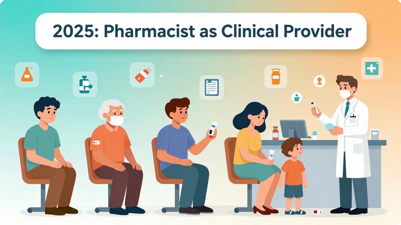 Diverse patients receiving pharmacy services like flu tests, birth control, and nicotine patches