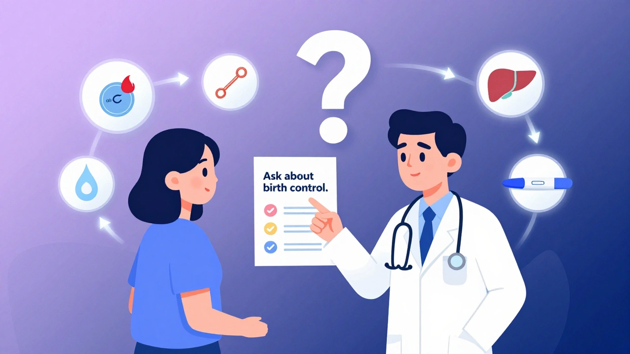 Doctor and patient discussing birth control risks with floating icons of rifampin, IUD, and liver enzyme.