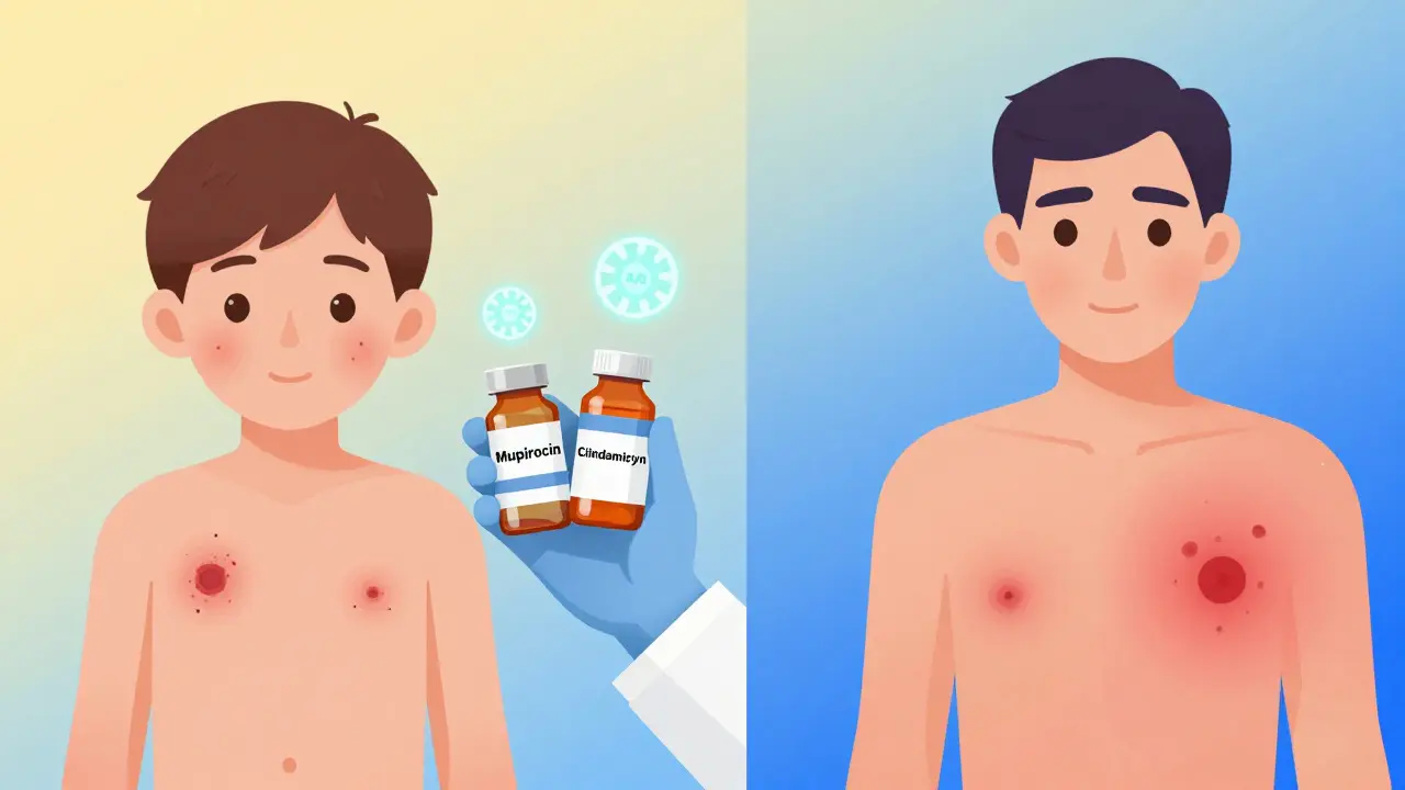 Doctor holding two antibiotics with split-screen visuals of impetigo and cellulitis, MRSA symbols floating.