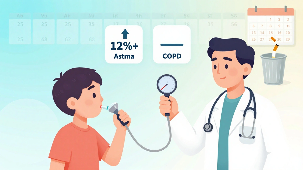 Doctor using spirometer with floating arrows showing asthma improvement vs. COPD stagnation.