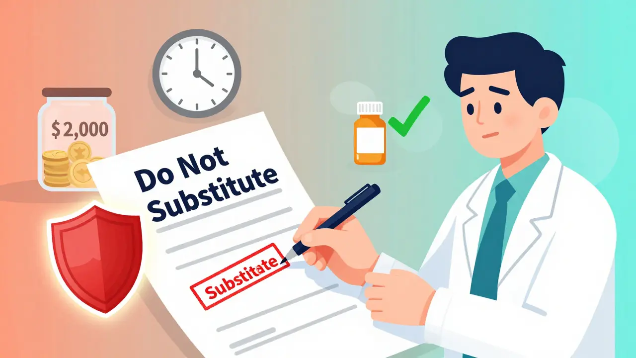 Doctor writes 'Do Not Substitute' on a prescription while a shield protects it, with a ,000 cap jar filling with coins.