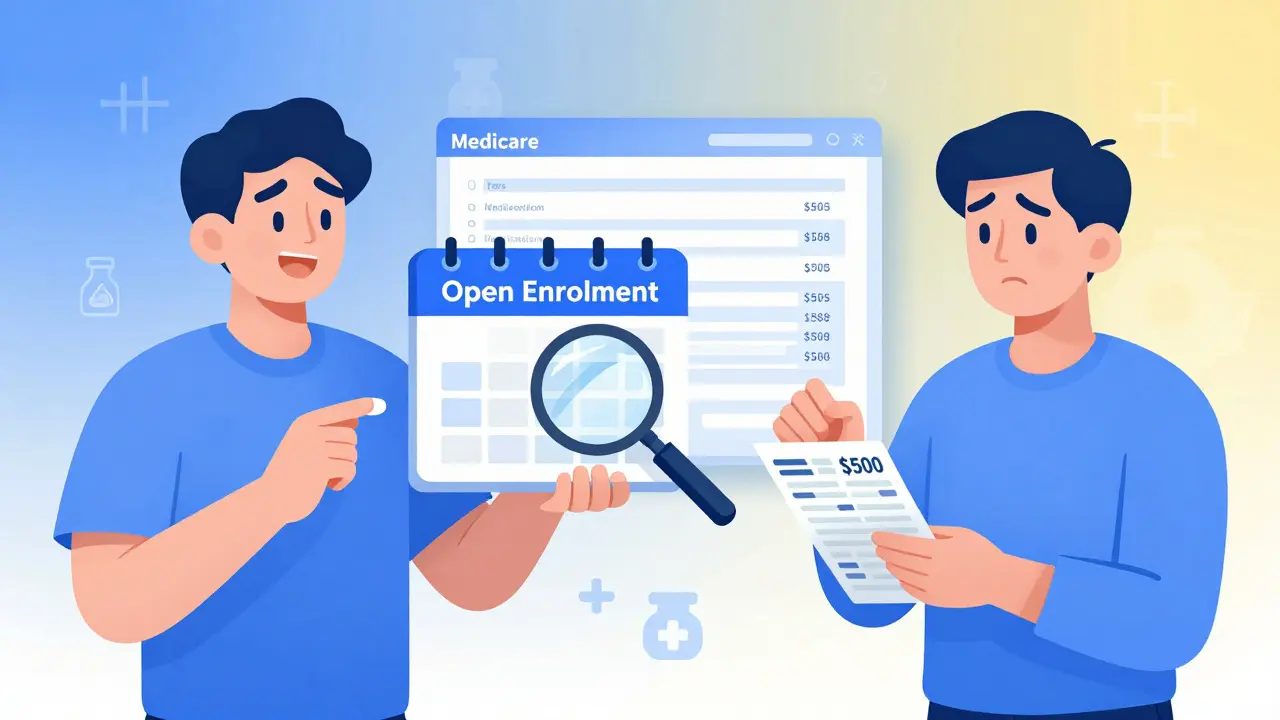 Elderly person reviews a formulary during Open Enrollment, comparing drug costs on a screen with visual tier indicators.