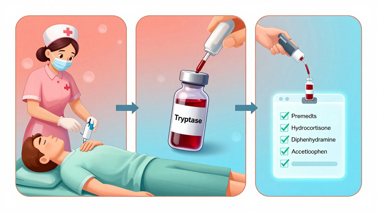 Emergency response sequence: epinephrine injection, tryptase blood draw, and premedication checklist.