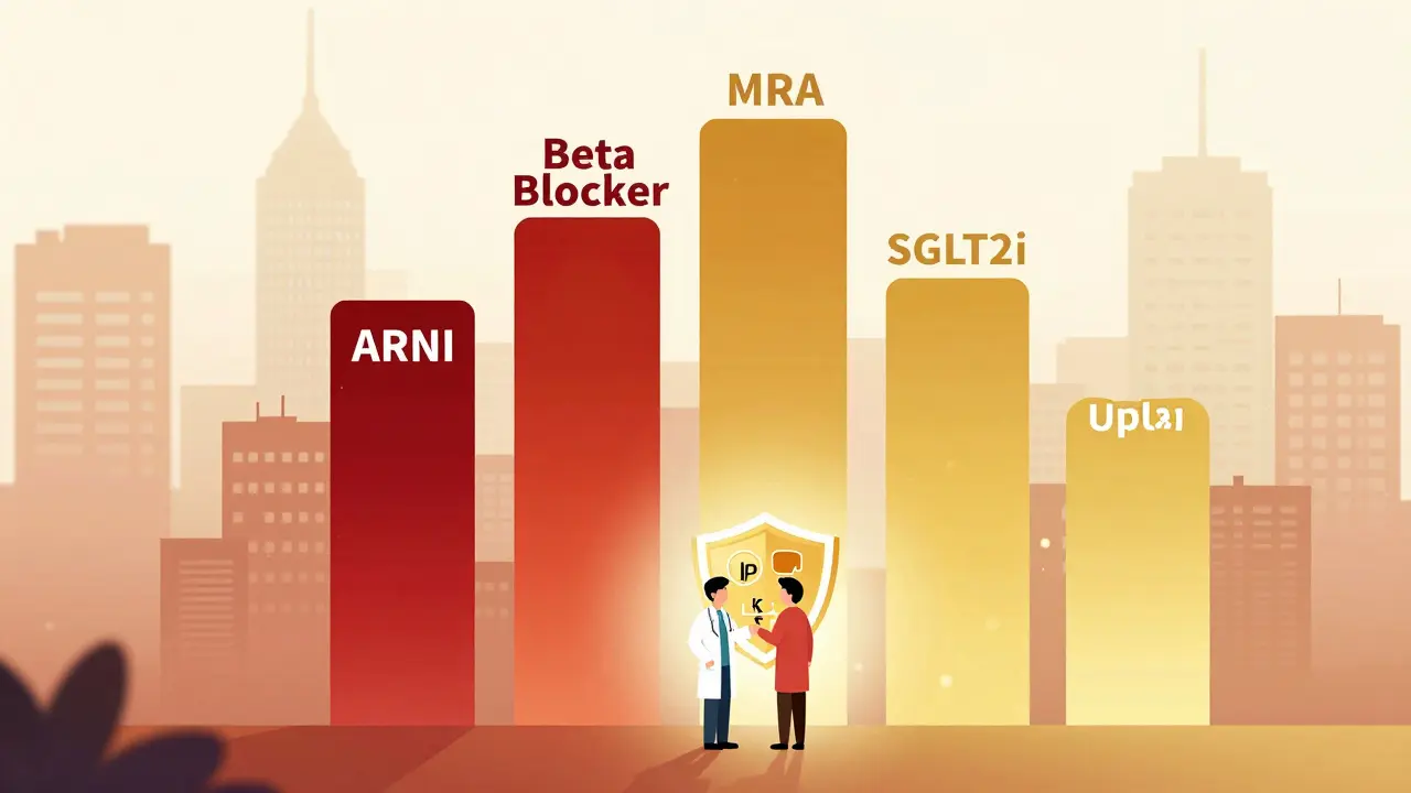 Four medical treatment pillars rising in a cityscape, with a doctor and patient under a monitoring shield, representing comprehensive heart failure care.