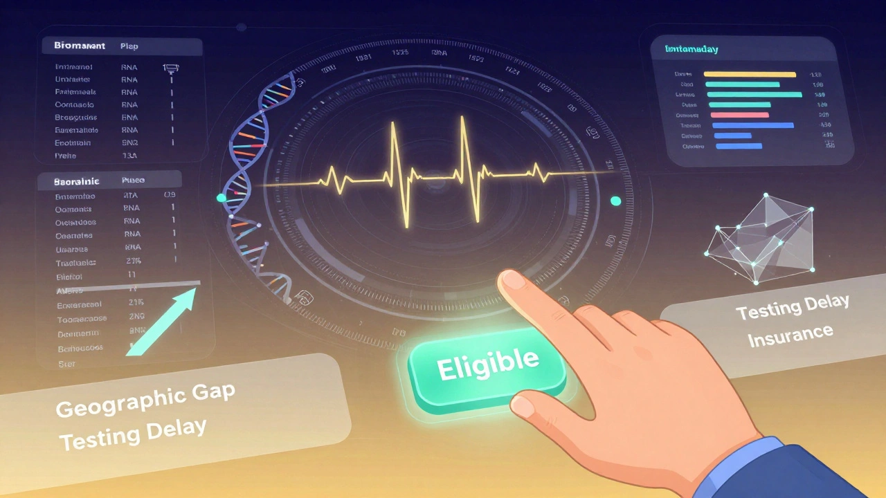 Futuristic biomarker dashboard with AI analysis and a hand reaching for an &#039;Eligible&#039; button, surrounded by fading barriers.