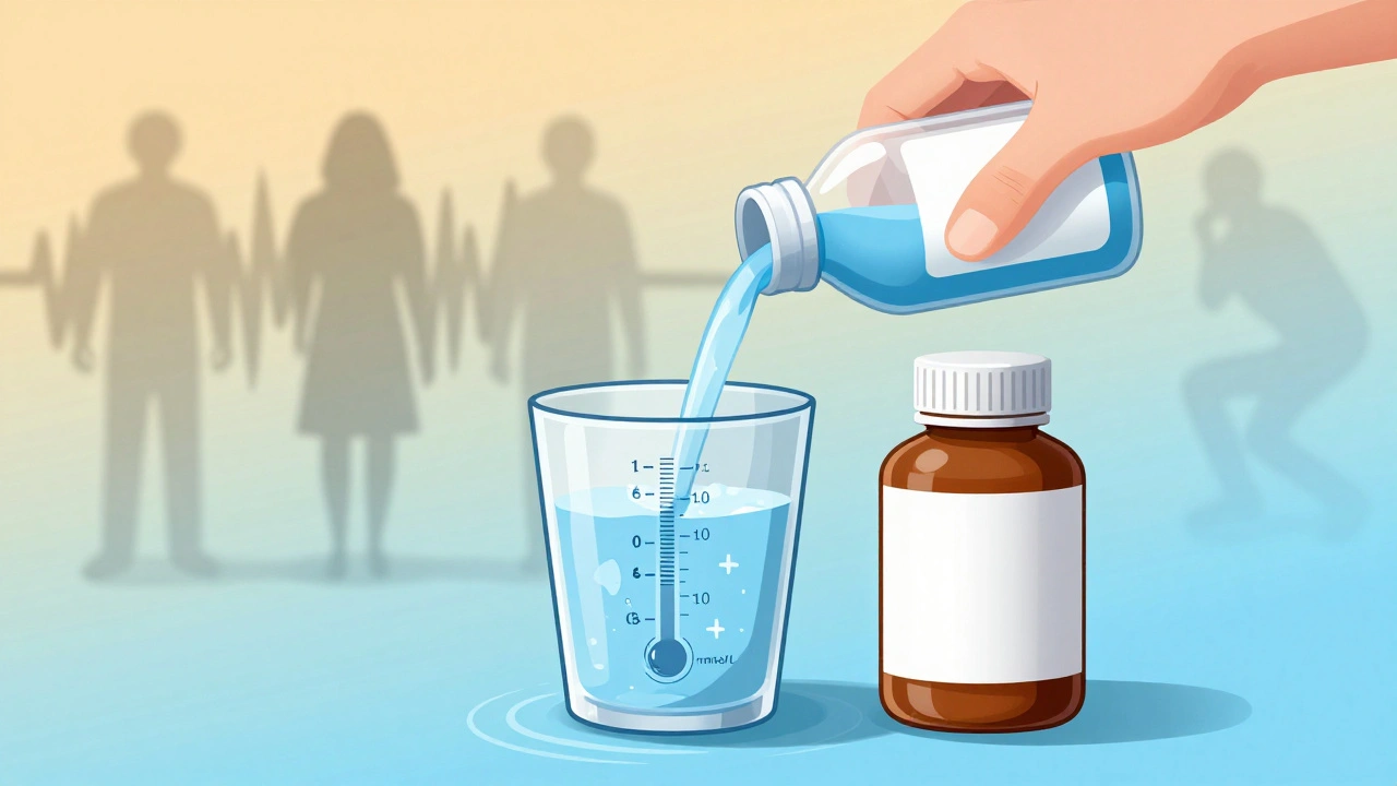 Hand pouring water beside lithium bottle with blood test range glowing in the liquid, shadowy side effects fading in background.