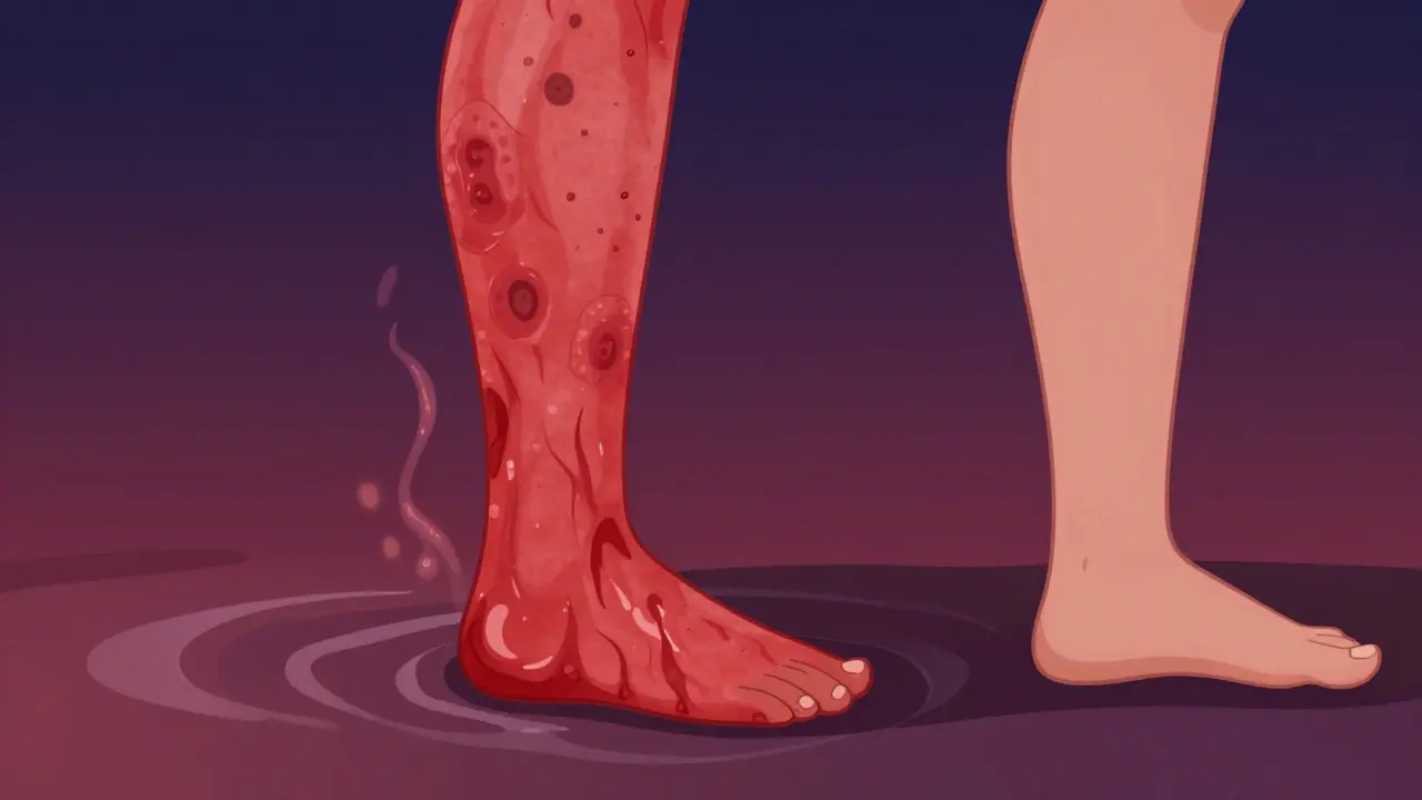 Leg with spreading red inflammation and deep tissue infection, indicative of cellulitis.