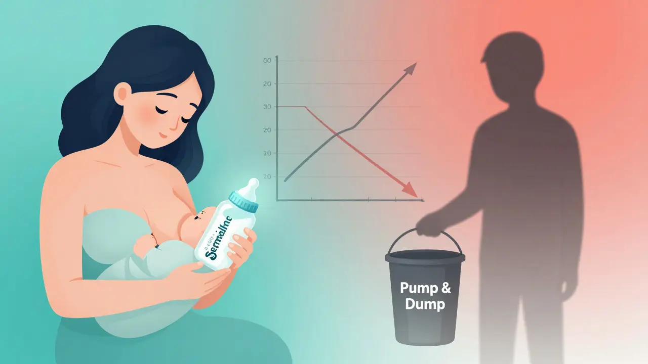 Mother breastfeeding while a safe medication glows softly beside her, while a 'pump and dump' trash can fades away.