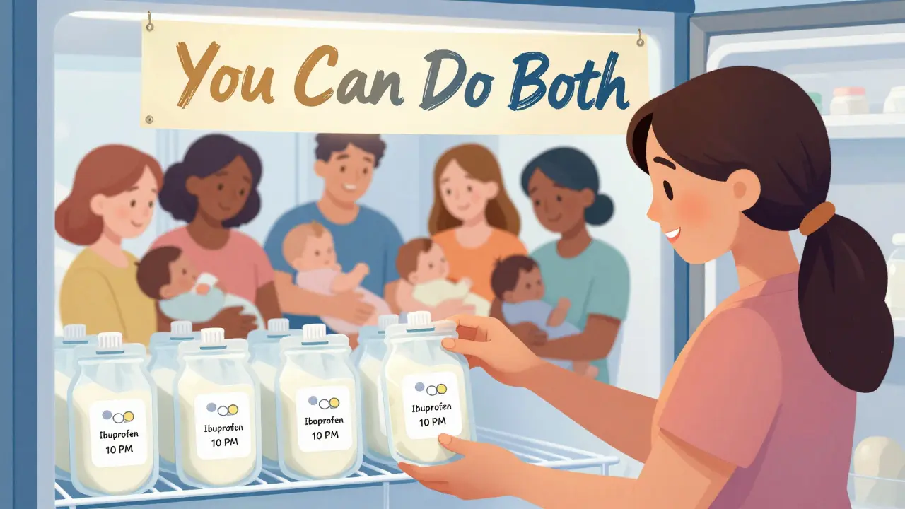 Mother storing pumped milk with labeled tags, surrounded by other nursing mothers in a supportive scene.