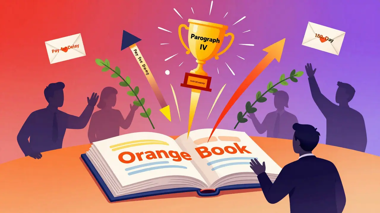 Open Orange Book with patent arrows and a Paragraph IV trophy, shadowy figures blocking with pay-for-delay envelopes.