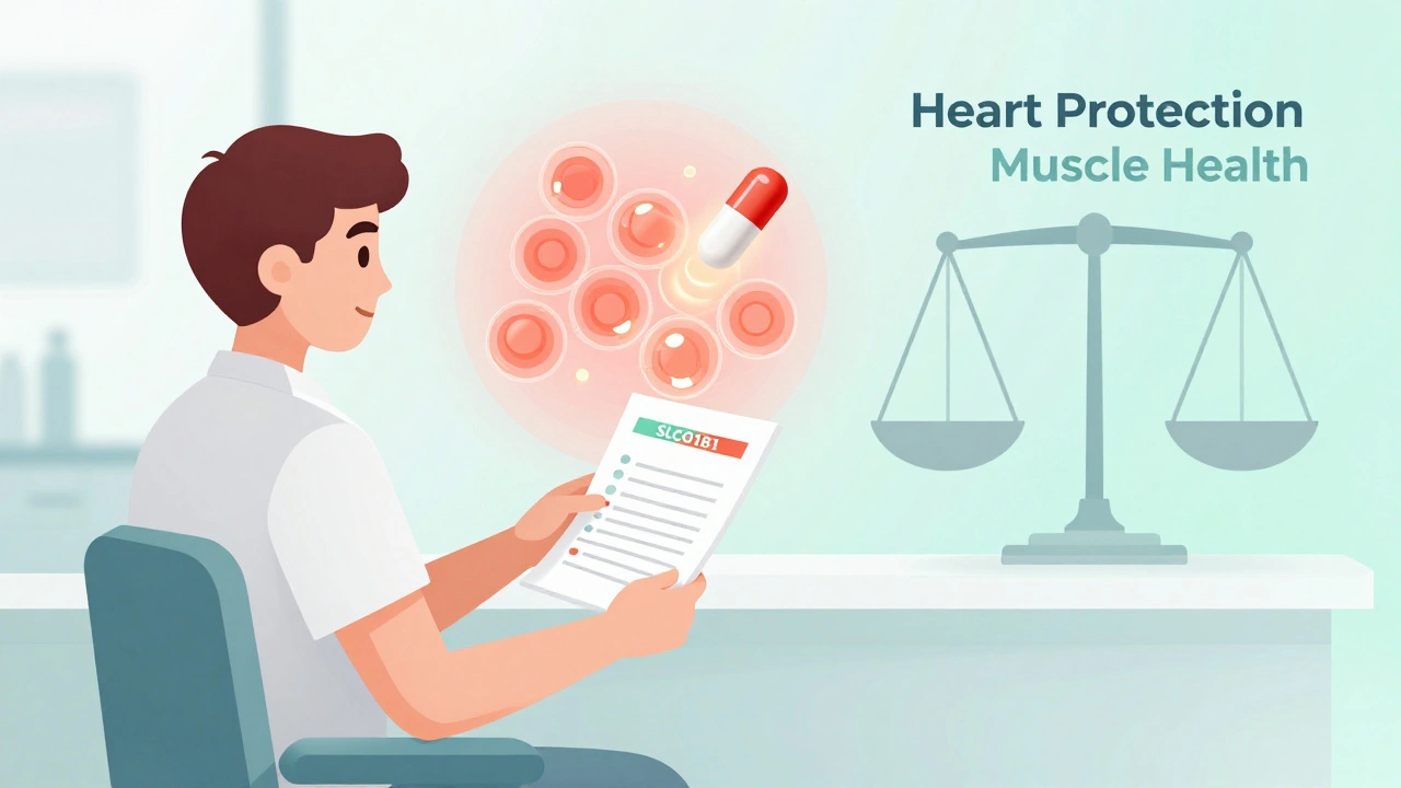 Person at doctor&#039;s office with genetic test and CoQ10 energy overlay, representing personalized statin and exercise planning.