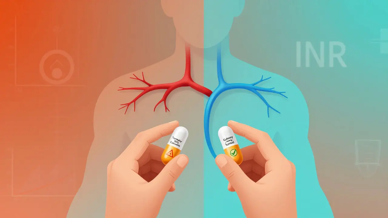 Person holding turmeric capsules—one warning, one safe—with contrasting blood flow visuals.