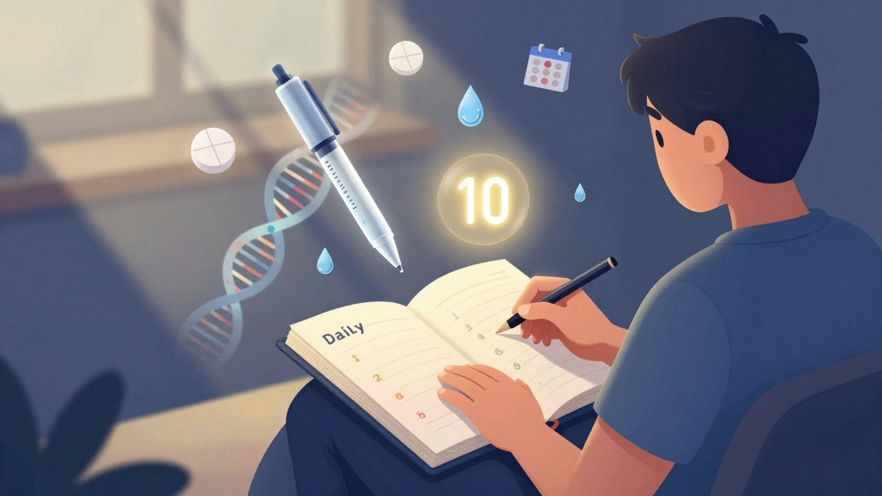 Person journaling mood ratings with medical icons floating nearby, representing tracking, injectables, and genetic testing for bipolar care.