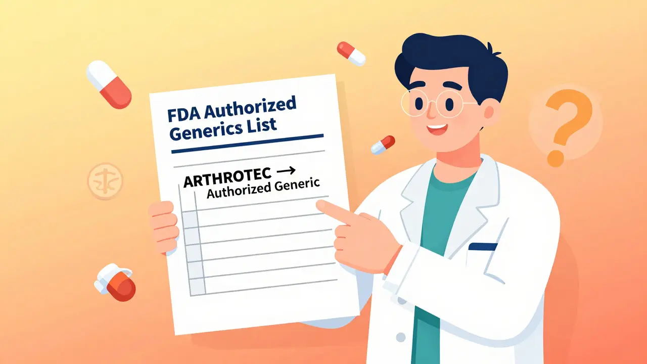 Pharmacist pointing at an FDA authorized generics PDF list with floating drug icons.