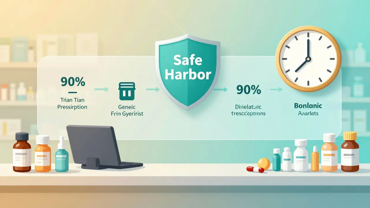 Pharmacy counter with mostly generic prescriptions and a legal timeline showing pre-patent-expiry testing.