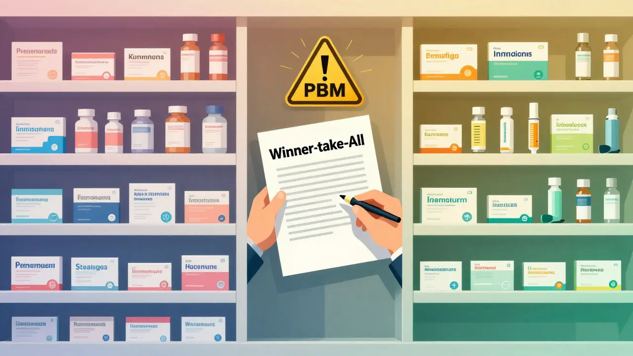 Pharmacy shelf split between cheap simple generics and premium complex ones, with a contract hand controlling access.