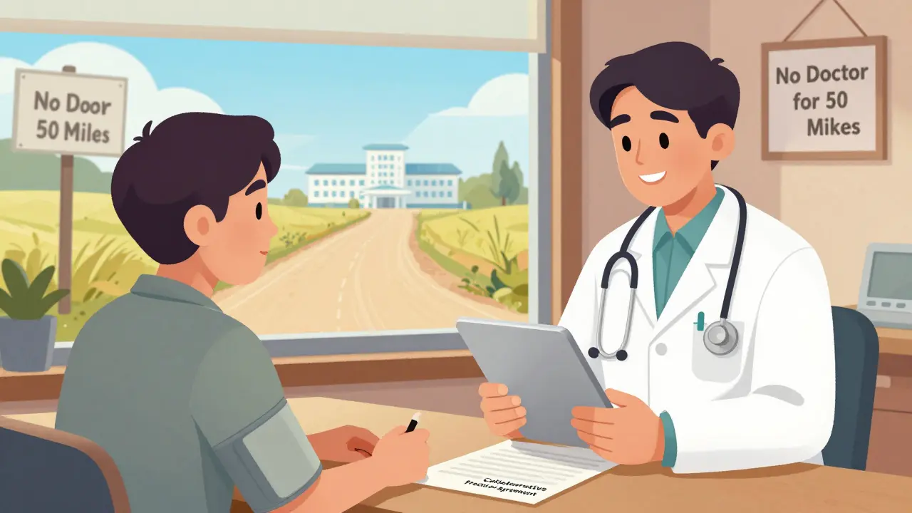 Rural pharmacist advising patient on blood pressure med, distant hospital visible