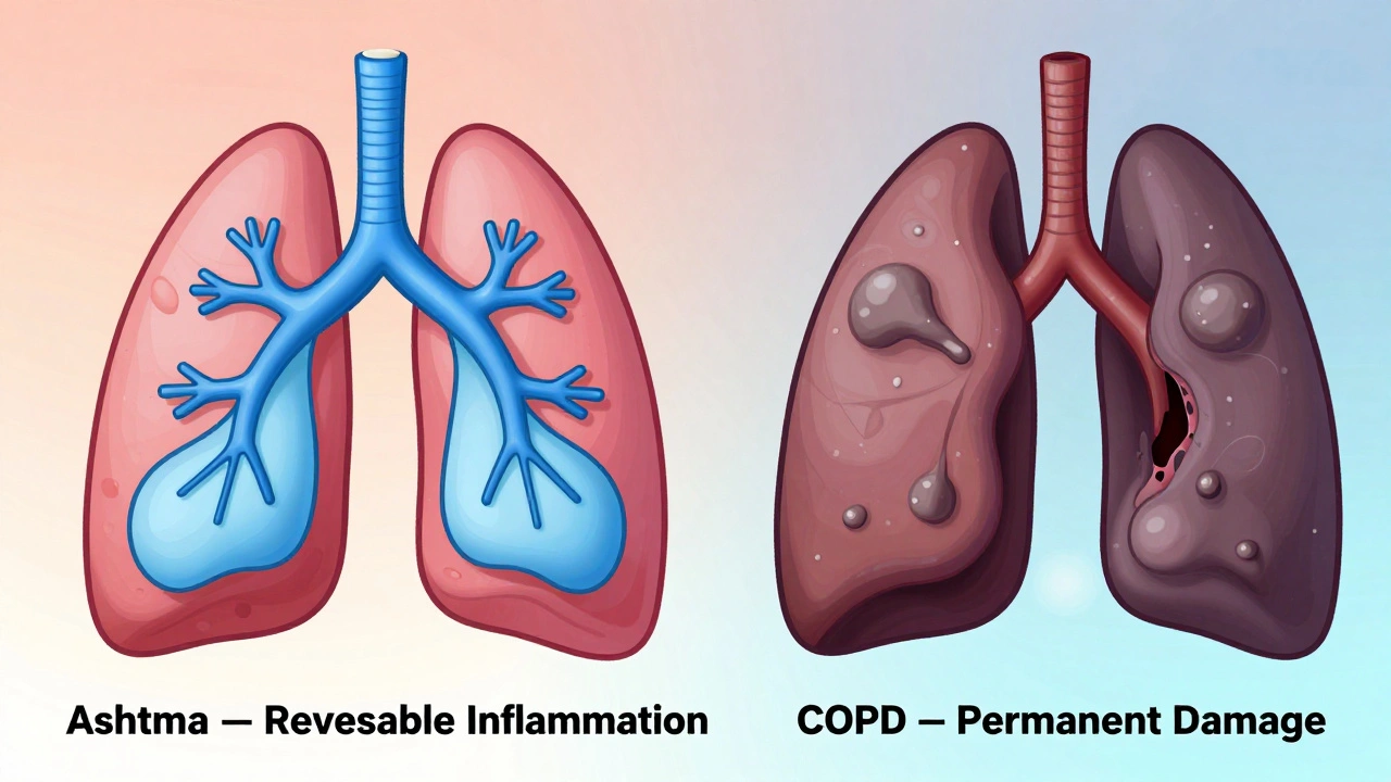 Side-by-side lung illustrations: healthy reversible airways vs. damaged, scarred lungs with mucus.