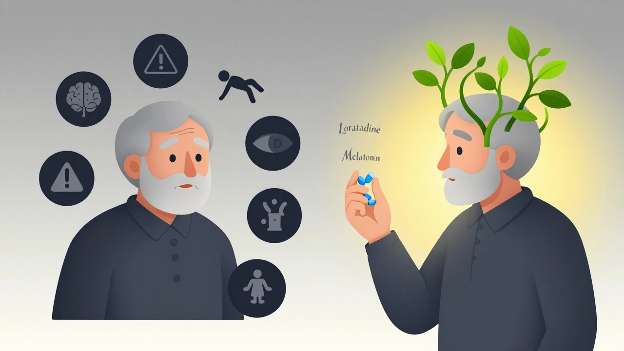 Side-by-side scene: an elderly person surrounded by dark harmful pills versus bright safe alternatives with clarity vines growing upward.