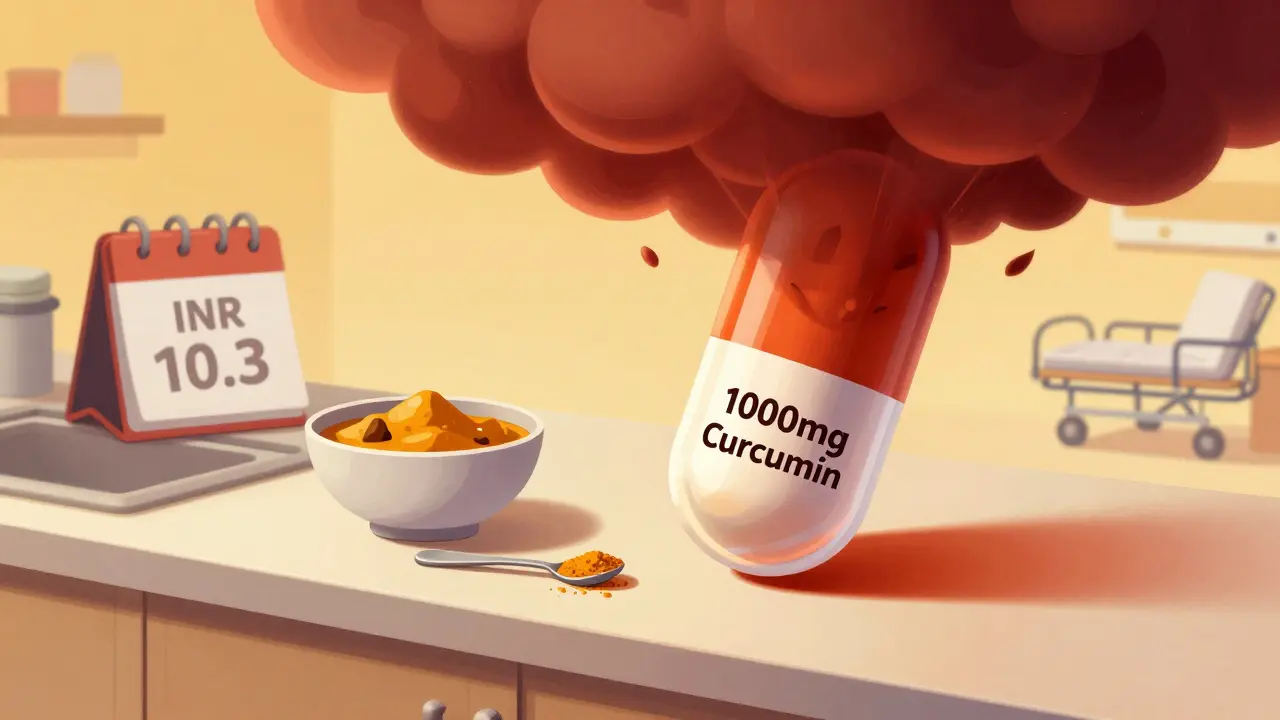 Small culinary turmeric pinch beside giant dangerous capsule casting shadow over hospital gurney.