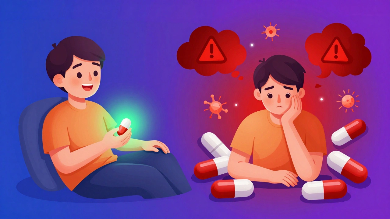 Split illustration showing relief on one side and growing danger on the other with inflammation symbols.