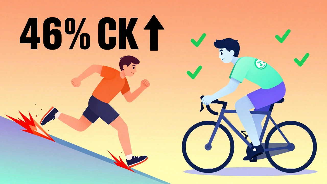 Split image: runner in danger vs. cyclist in safety, showing contrast between intense and moderate exercise on statins.