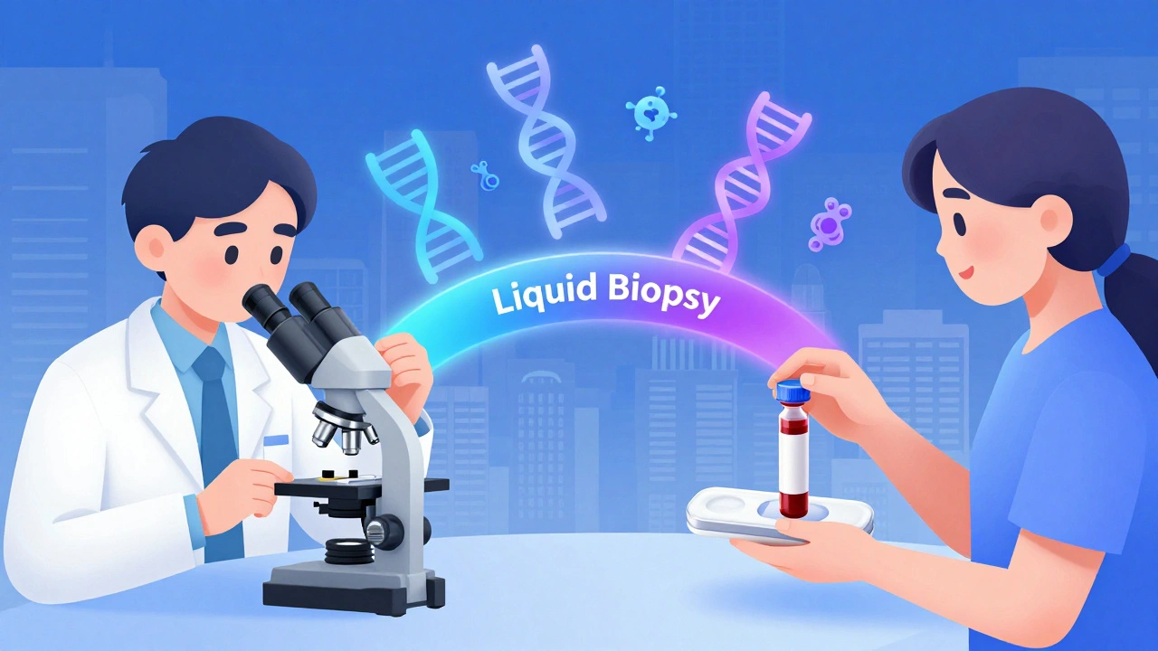 Split scene: traditional biopsy on one side, liquid biopsy kit on the other, connected by glowing DNA strands.