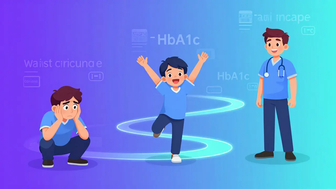 Three figures along a glowing path showing progress in medical weight management, with floating health metrics fading into the background.