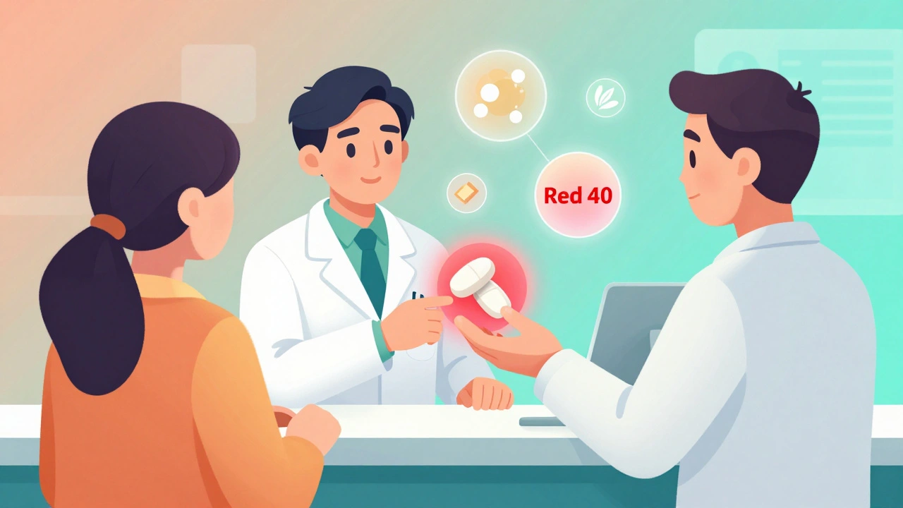 Two identical generic pills, one glowing with warning signs of allergens, handed by a pharmacist.