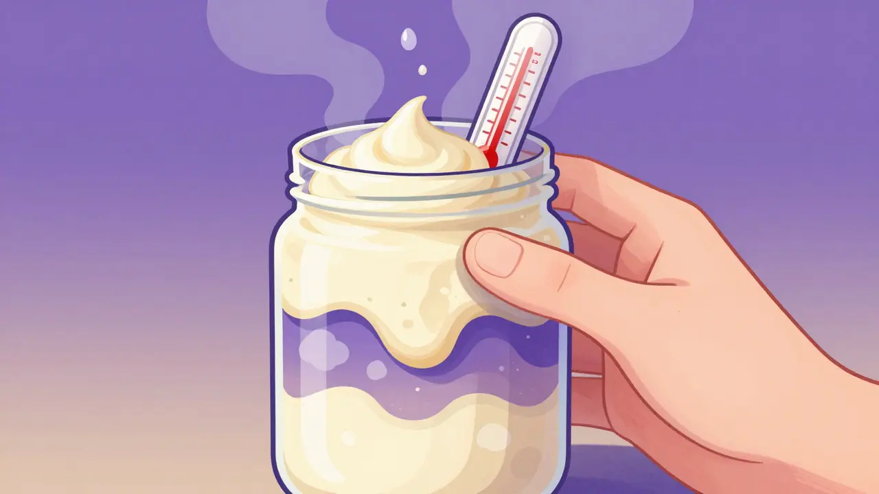 A cream jar separating into oily and watery layers with floating particles.