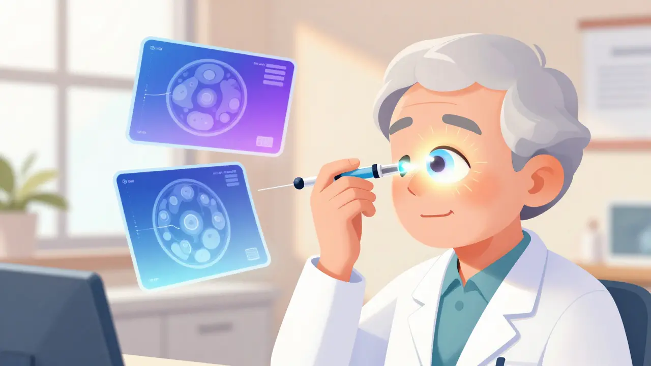 A doctor giving an anti-VEGF eye injection in a calm clinic, with floating retinal scans and soft glowing light.