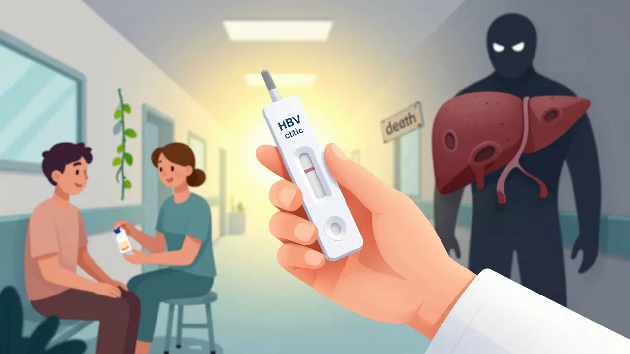 A doctor holds a positive HBV rapid test as one side of the scene shows healing livers and the other shows liver failure.