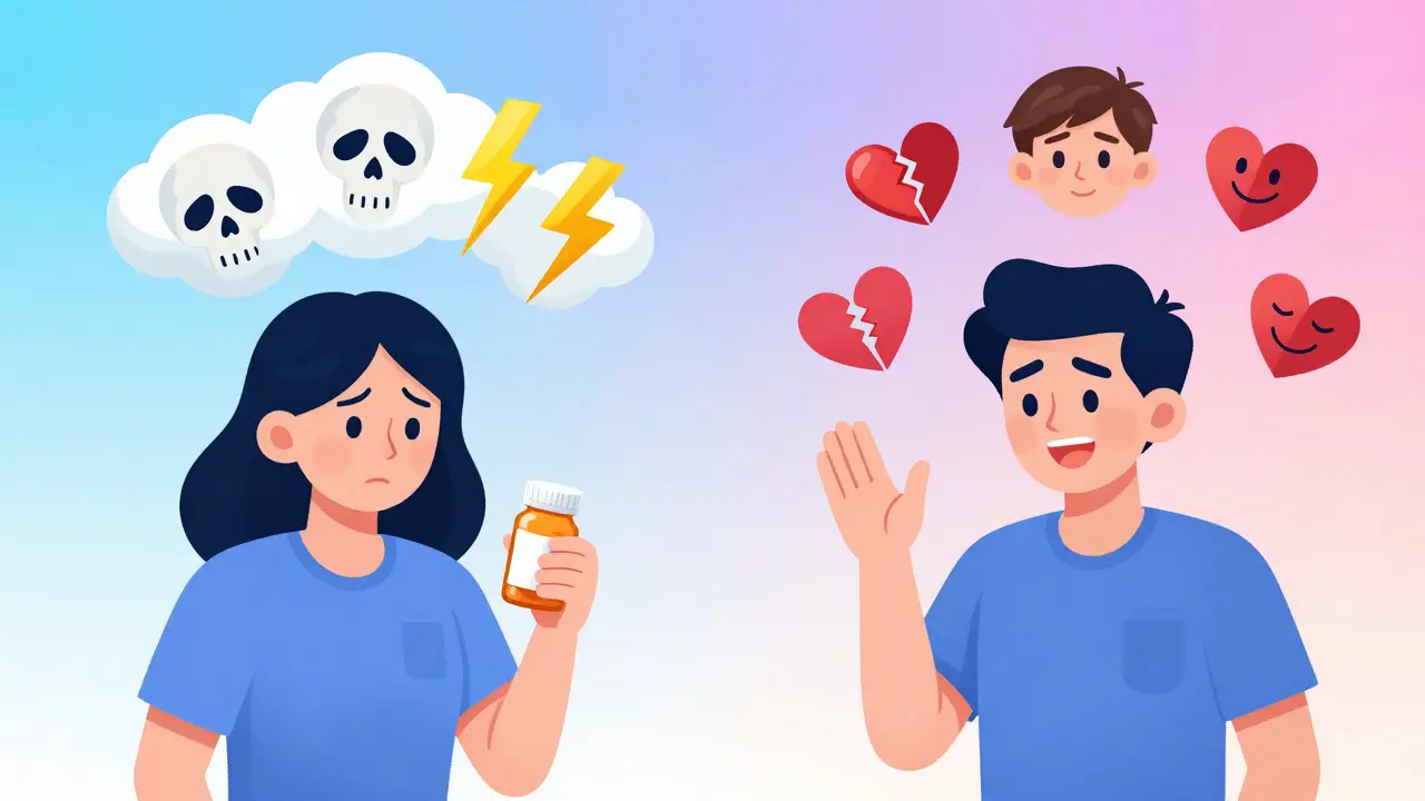 A patient divided into two sides: one fearful with negative side effect symbols, the other hopeful with positive outcomes like hair growth and health, in gradient cartoon style.