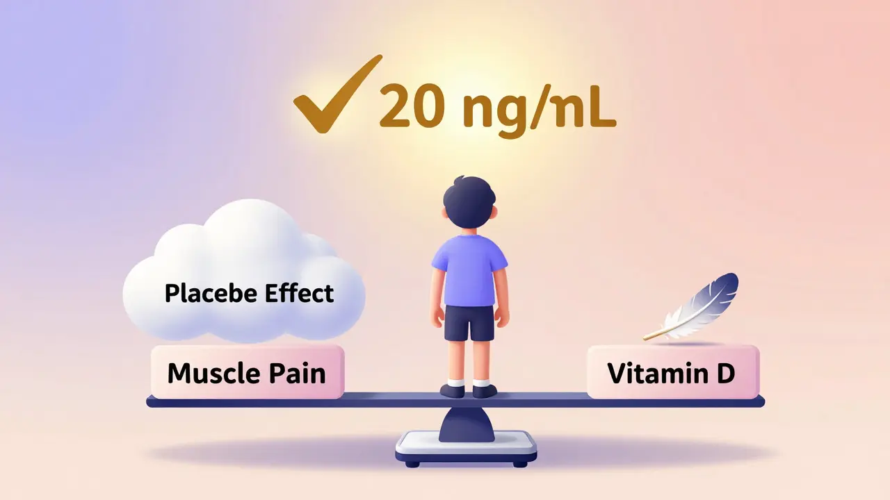 A person on a scale balancing muscle pain and vitamin D, with a glowing health target above in soft gradients.
