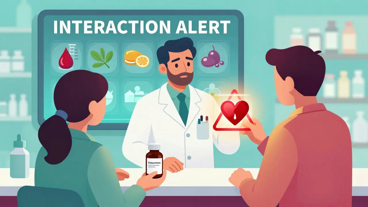 A pharmacist gives a caution sign to a patient holding a Ginkgo supplement bottle at a pharmacy counter.