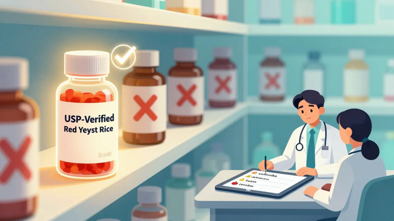 A pharmacy shelf with verified and unverified red yeast rice products, and doctor showing safer cholesterol alternatives.