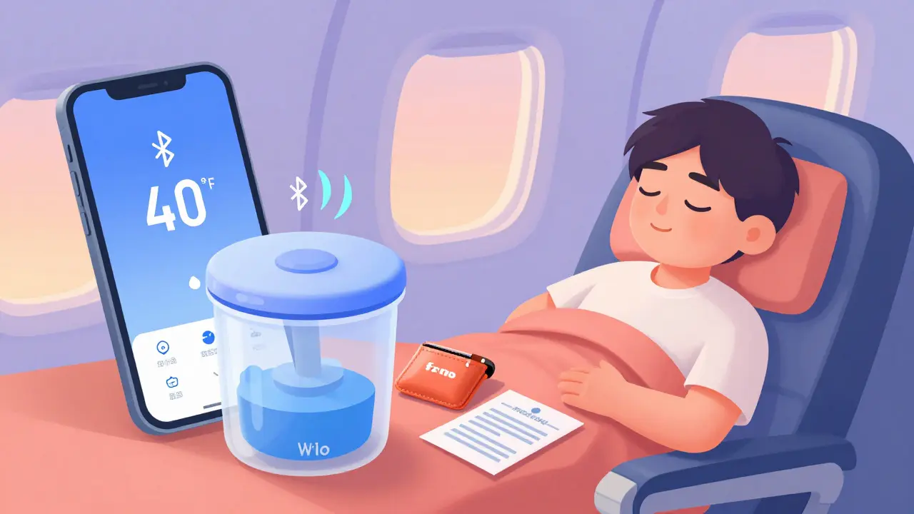 A smart medication container sending temperature alerts to a phone, with a traveler resting peacefully on a plane.