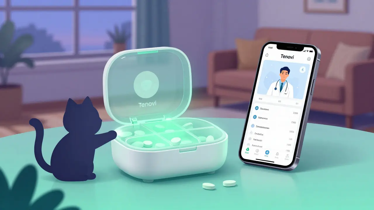 A smart pillbox glows green as it dispenses medication, synced to a doctor’s dashboard on a nearby phone.