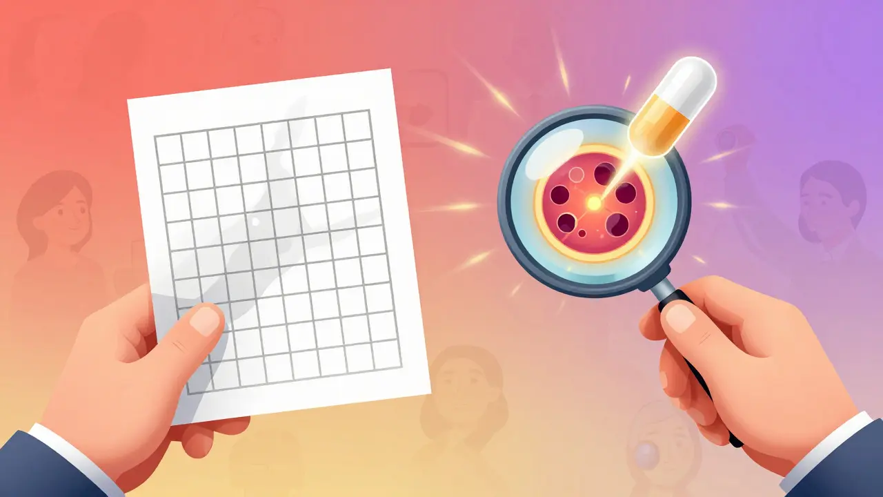 A split image: a warped Amsler grid on one side, restored vision on the other, with a healing gene therapy capsule.