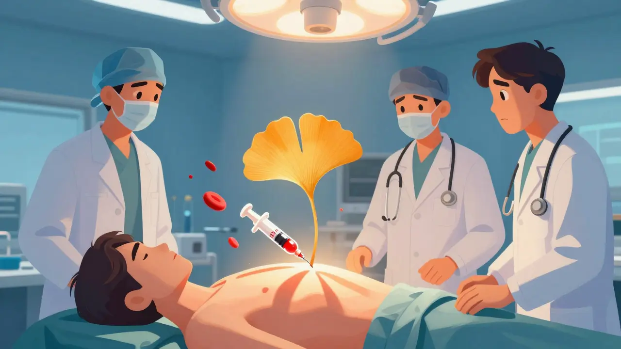 A surgical scene with a Ginkgo leaf casting shadows over a patient as platelets scatter from blood thinners.