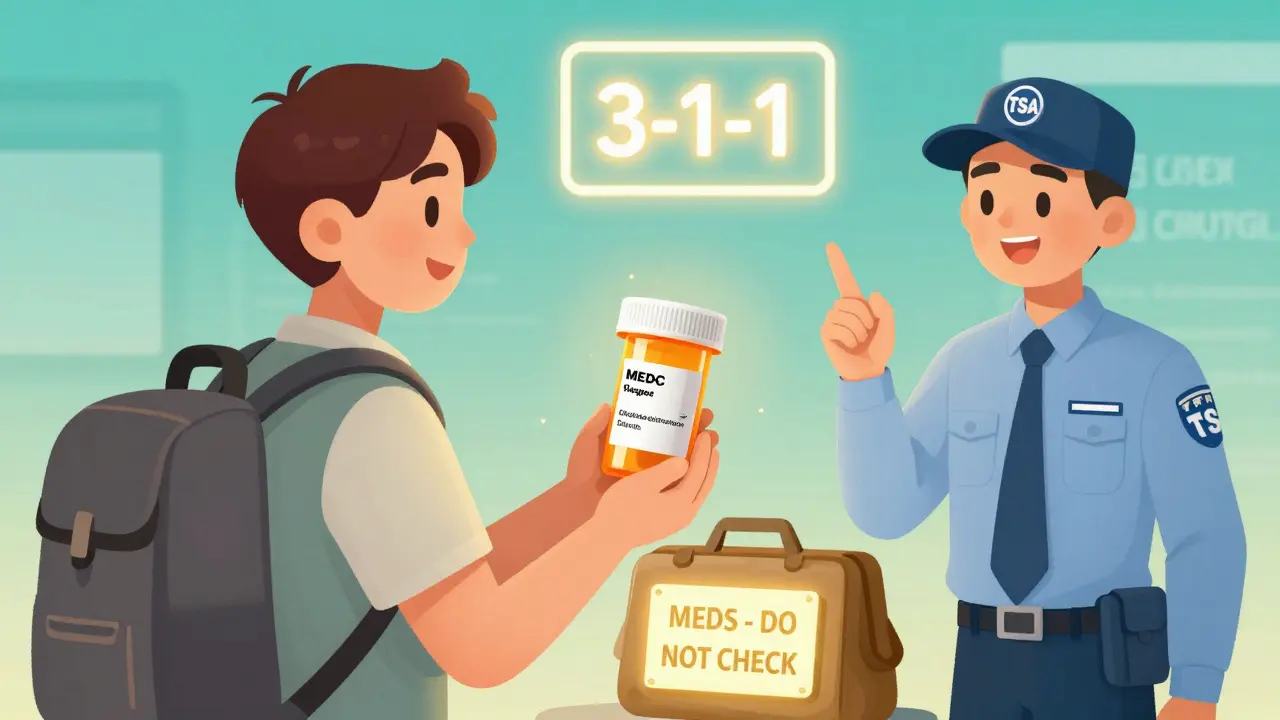 A traveler presenting labeled prescription bottles to a TSA agent at security, with a 'MEDS - DO NOT CHECK' bag nearby.