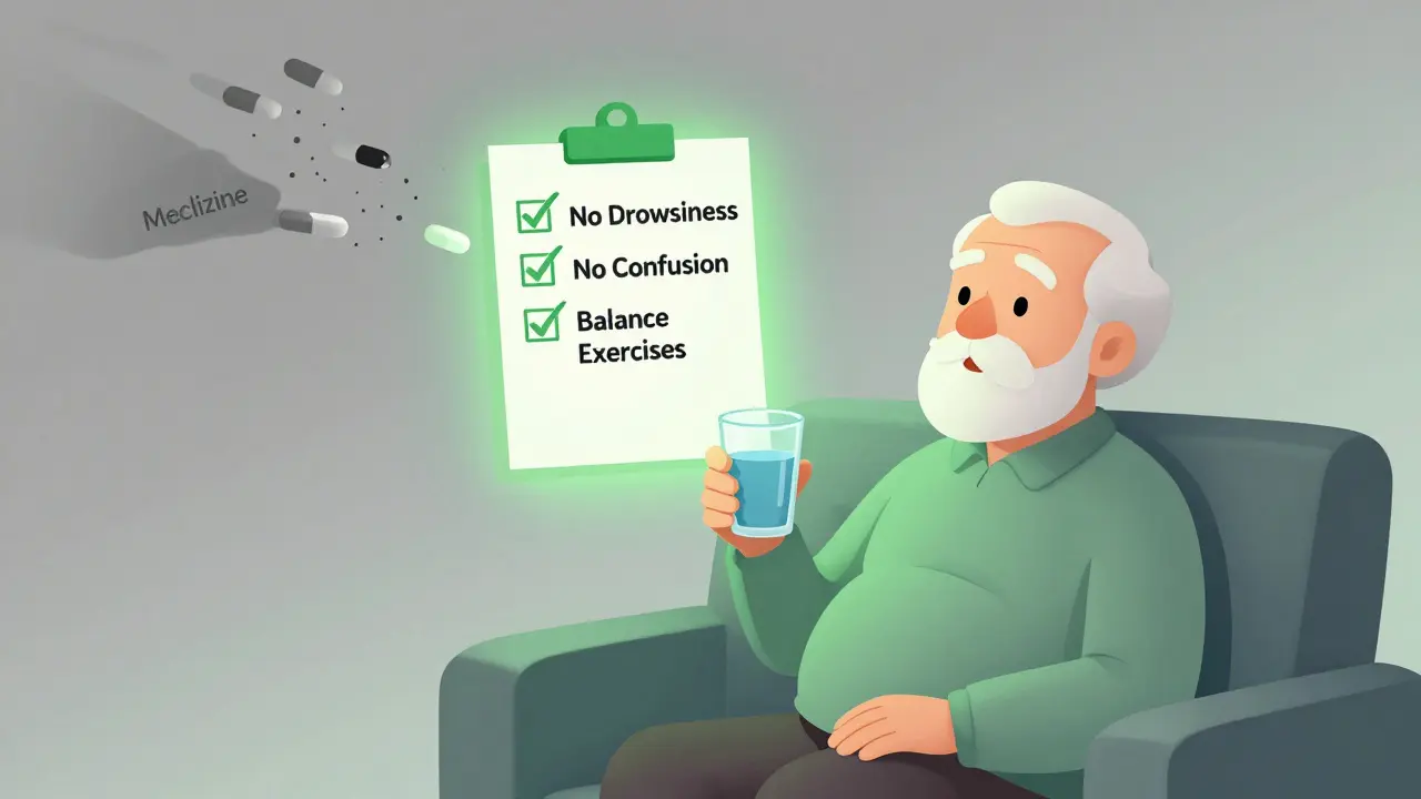 An elderly person sitting peacefully, with fading meclizine pills and a checklist for balance exercises above.