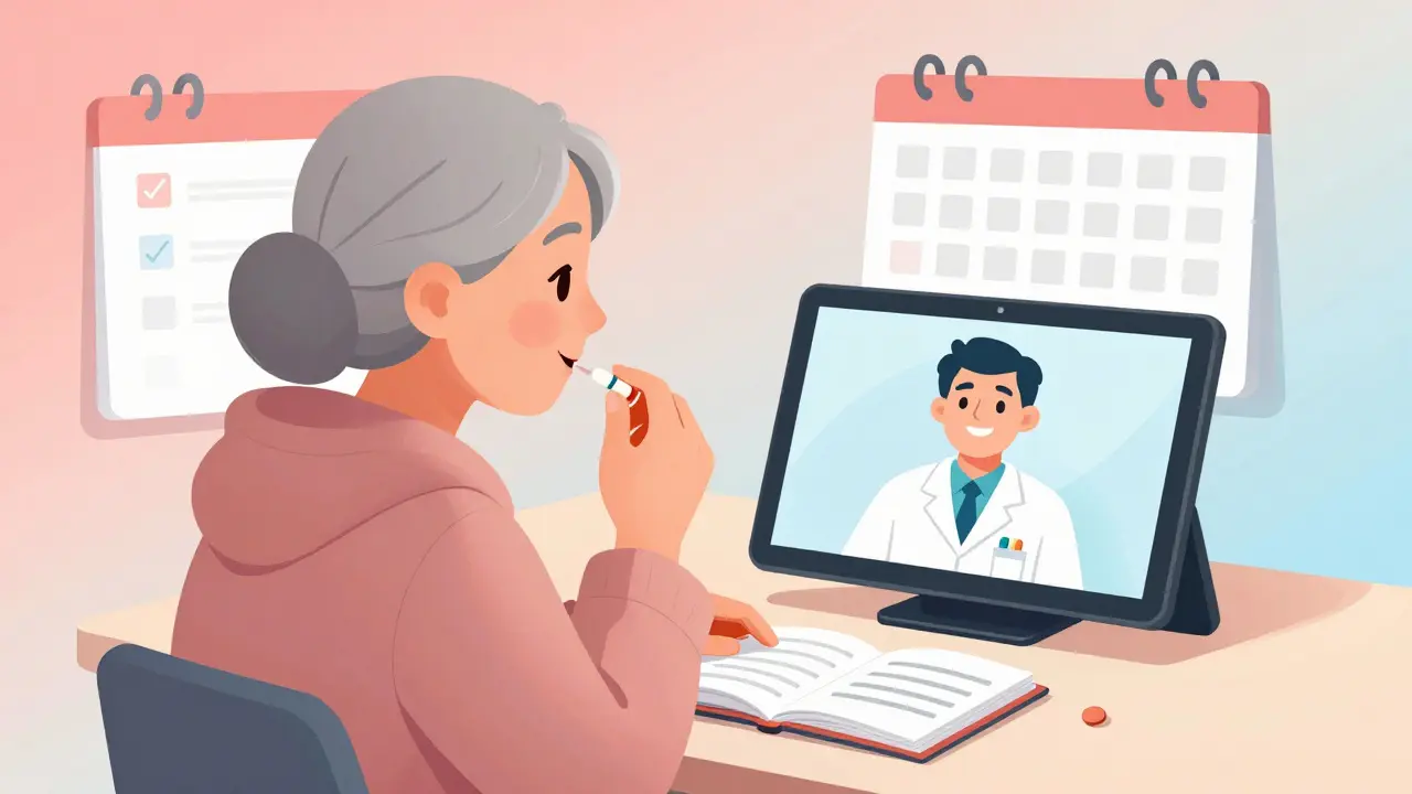 An elderly woman takes her pill during a video call with a pharmacist, smiling as she feels supported.