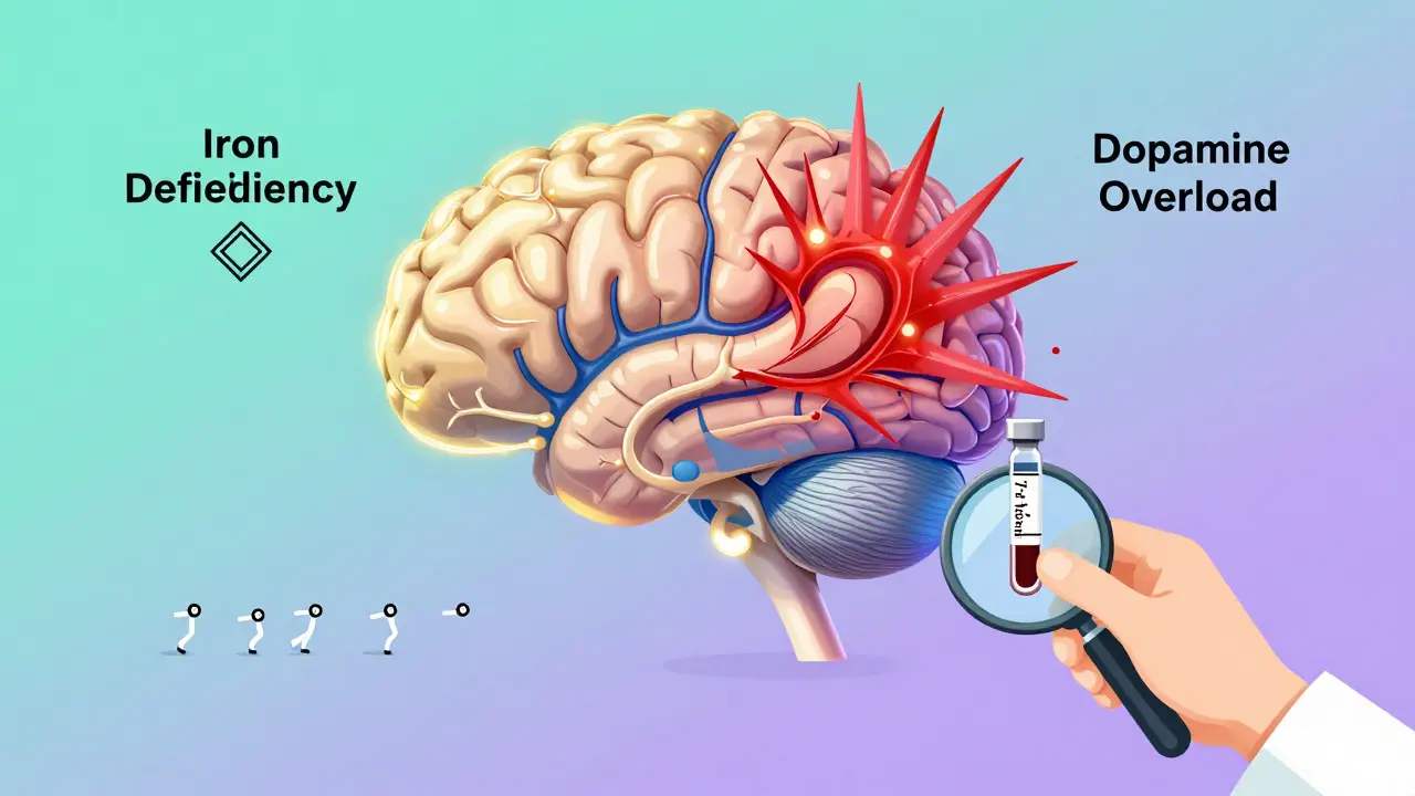 Brain with neural pathways showing iron deficiency and dopamine overload, doctor holding blood vial with ferritin level.